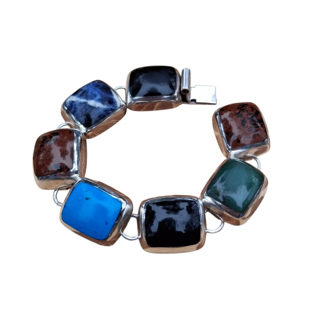VTG Taxco Mexico Sterling Silver Multi-Gemstone Link Bracelet Turquoise T2-17